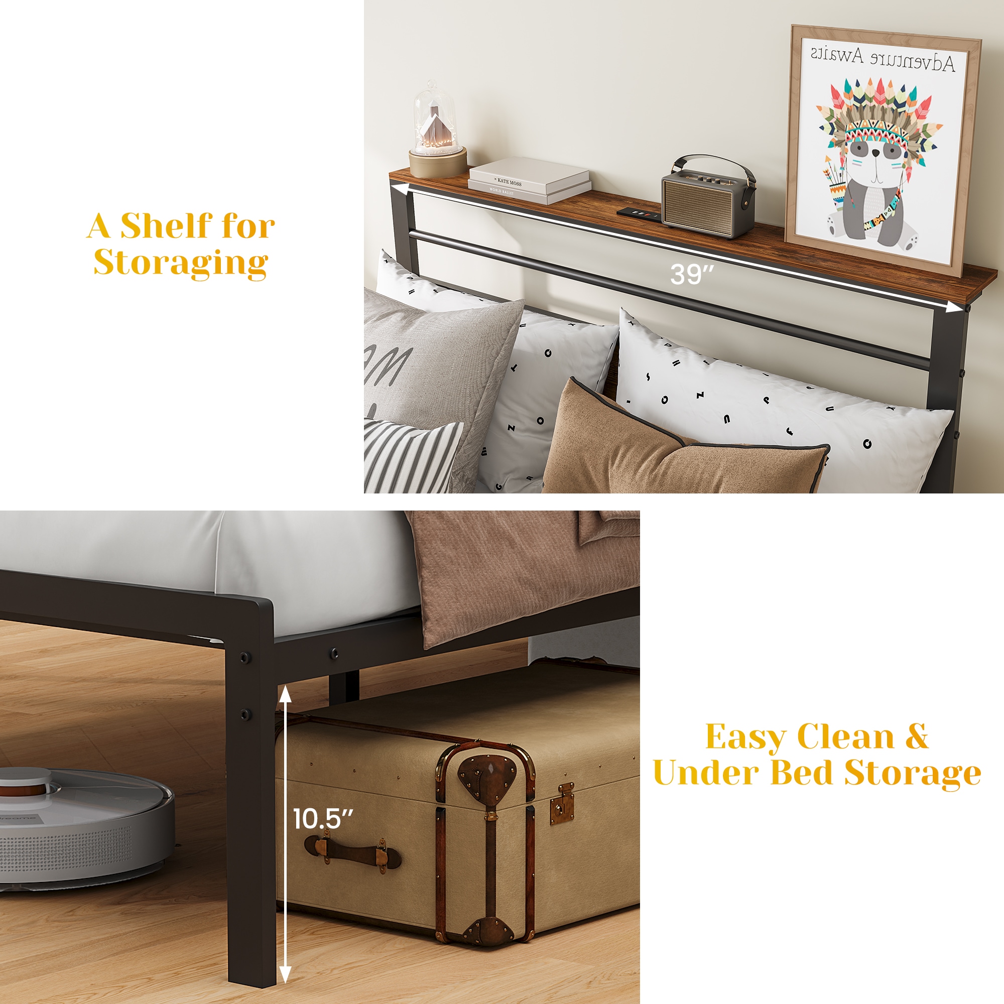 Twin Platform Bed Frame With Charging Station And Storage Headboard_voghion.com